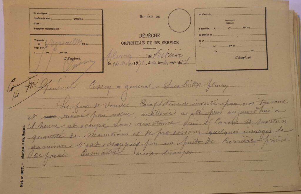 Télégramme annonçant la prise du fort de Vanves par l'armée Versaillaise et la fuite des Communards par les carrières - Commune de Paris