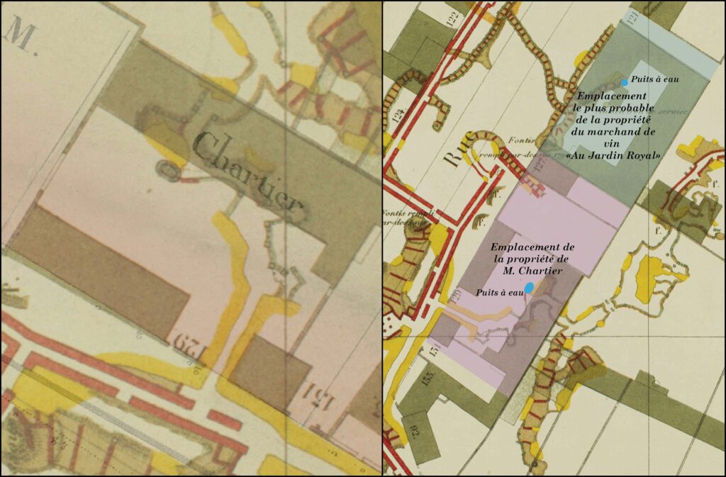 Emplacement des propriété du sieur Chartier et de la maison du marchand de vin où s'est produit l'effondrement de la rue d'Enfer de 1774