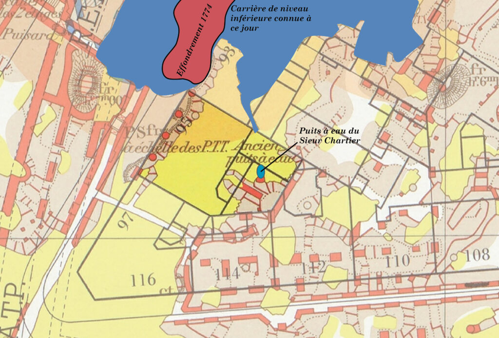 Carte de l'inspection générale des carrières mettant en valeur les niveaux de carrières de second niveau et le puits du sieur Chartier